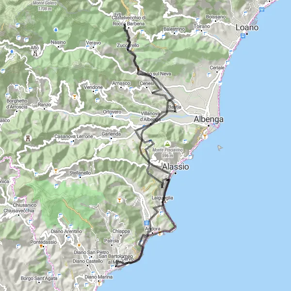 Miniatua del mapa de inspiración ciclista "Ruta Escénica por Monte Marchiano y Castelvecchio di Rocca Barbena" en Liguria, Italy. Generado por Tarmacs.app planificador de rutas ciclistas