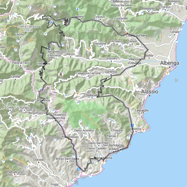 Karttaminiaatyyri "Korkeiden kukkuloiden kiertoajelu" pyöräilyinspiraatiosta alueella Liguria, Italy. Luotu Tarmacs.app pyöräilyreittisuunnittelijalla