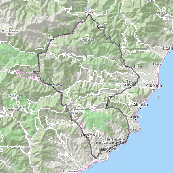 Map miniature of "The Bardellini Challenge" cycling inspiration in Liguria, Italy. Generated by Tarmacs.app cycling route planner