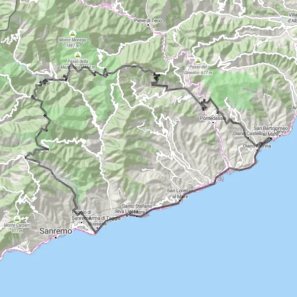 Map miniature of "Hills of Imperia" cycling inspiration in Liguria, Italy. Generated by Tarmacs.app cycling route planner