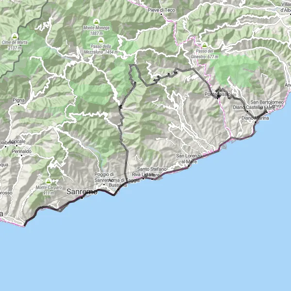 Zemljevid v pomanjšavi "130 km cestno kolesarjenje v bližini San Bartolomeo al Mare" kolesarske inspiracije v Liguria, Italy. Generirano z načrtovalcem kolesarskih poti Tarmacs.app