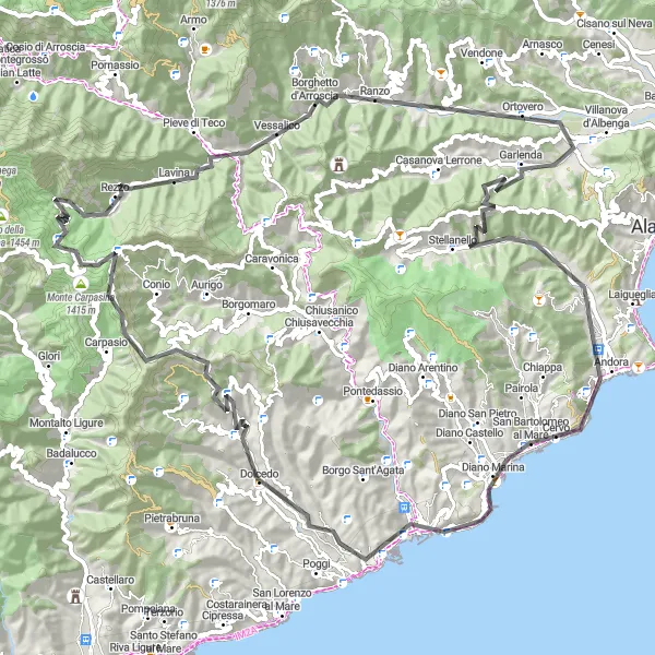 Miniaturní mapa "Okolí San Bartolomeo al Mare" inspirace pro cyklisty v oblasti Liguria, Italy. Vytvořeno pomocí plánovače tras Tarmacs.app