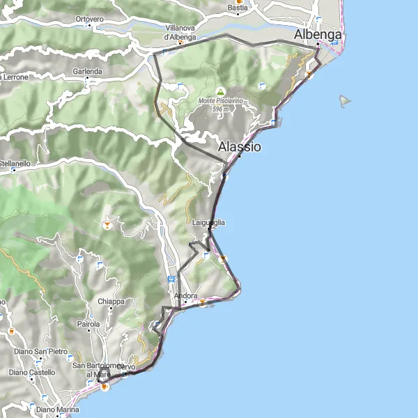 Miniature de la carte de l'inspiration cycliste "Tour de la Riviera Ligurienne" dans la Liguria, Italy. Générée par le planificateur d'itinéraire cycliste Tarmacs.app