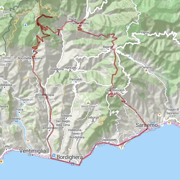 Miniatuurkaart van de fietsinspiratie "Gravelroute van San Remo naar Bajardo" in Liguria, Italy. Gemaakt door de Tarmacs.app fietsrouteplanner
