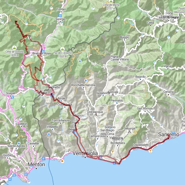 Kartminiatyr av "Grusvei sykkeltur til Ventimiglia" sykkelinspirasjon i Liguria, Italy. Generert av Tarmacs.app sykkelrutoplanlegger