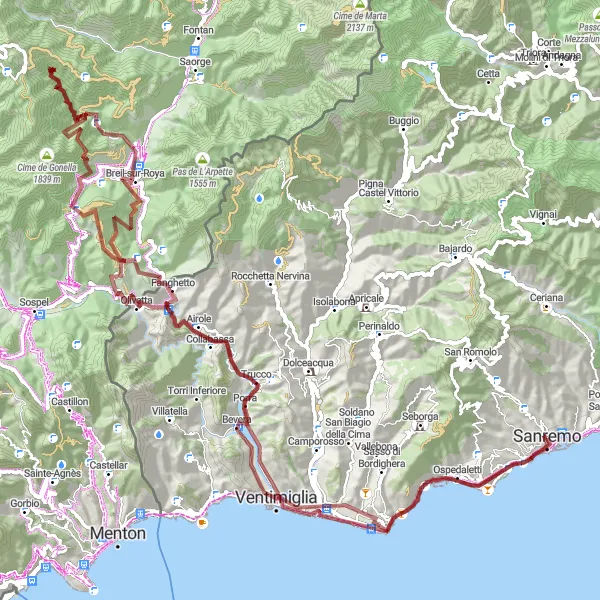 Miniature de la carte de l'inspiration cycliste "Les chemins gravel de la Riviera" dans la Liguria, Italy. Générée par le planificateur d'itinéraire cycliste Tarmacs.app