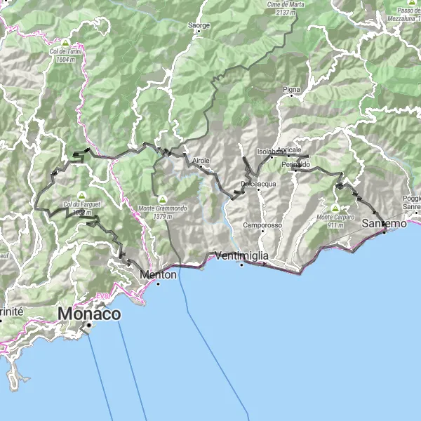 Kartminiatyr av "Sanremo till Cima d'Aurin via Col de Braus" cykelinspiration i Liguria, Italy. Genererad av Tarmacs.app cykelruttplanerare