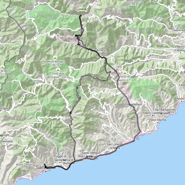 Map miniature of "San Remo - Madonna della Costa Loop" cycling inspiration in Liguria, Italy. Generated by Tarmacs.app cycling route planner