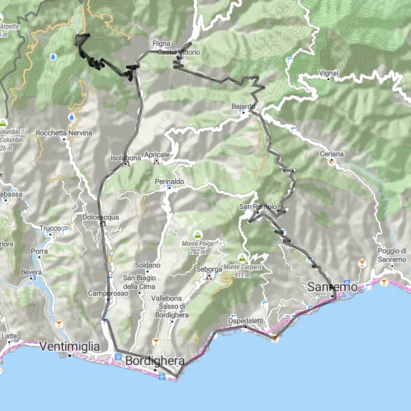 Miniatura della mappa di ispirazione al ciclismo "Tour ciclistico tra colline e montagne liguri" nella regione di Liguria, Italy. Generata da Tarmacs.app, pianificatore di rotte ciclistiche