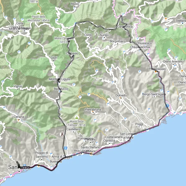 Miniatua del mapa de inspiración ciclista "Ruta Costera de Sanremo a Madonna della Costa" en Liguria, Italy. Generado por Tarmacs.app planificador de rutas ciclistas