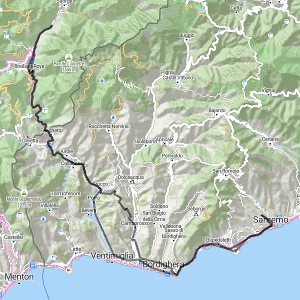 Map miniature of "San Remo to Madonna della Costa Scenic Road Cycling Route" cycling inspiration in Liguria, Italy. Generated by Tarmacs.app cycling route planner