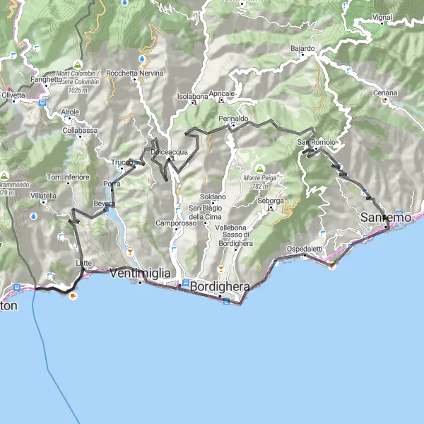 Miniature de la carte de l'inspiration cycliste "Itinéraire Côtier et Escarpé" dans la Liguria, Italy. Générée par le planificateur d'itinéraire cycliste Tarmacs.app