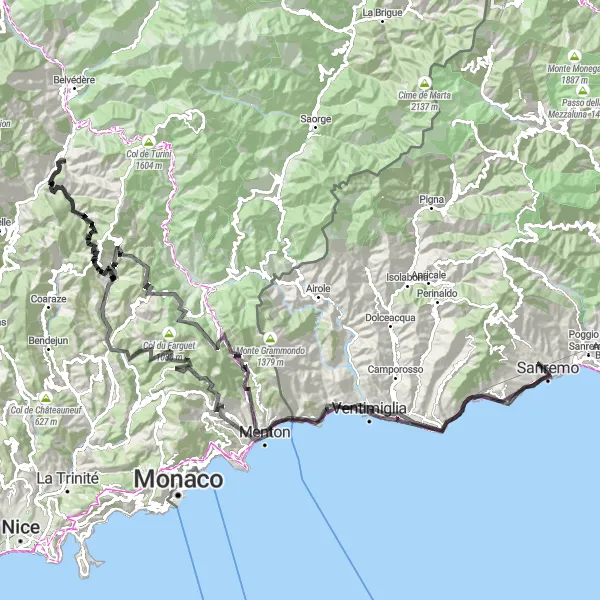 Miniature de la carte de l'inspiration cycliste "Parcours épique de San Remo à travers les collines de Ligurie" dans la Liguria, Italy. Générée par le planificateur d'itinéraire cycliste Tarmacs.app