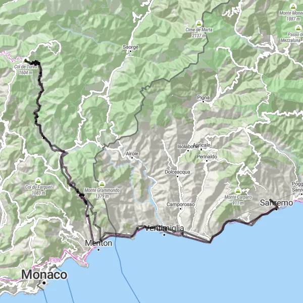 Mapa miniatúra "Panoráma Cote d'Azur" cyklistická inšpirácia v Liguria, Italy. Vygenerované cyklistickým plánovačom trás Tarmacs.app