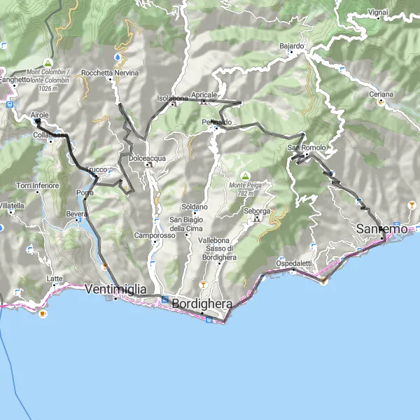 Zemljevid v pomanjšavi "Kolesarska tura z zahtevno vzponom v bližini San Rema" kolesarske inspiracije v Liguria, Italy. Generirano z načrtovalcem kolesarskih poti Tarmacs.app
