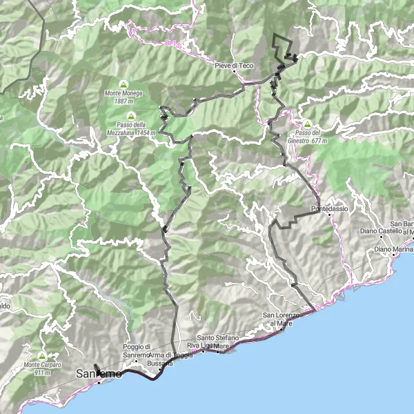 Kartminiatyr av "Taggia til Madonna della Costa Rundtur" sykkelinspirasjon i Liguria, Italy. Generert av Tarmacs.app sykkelrutoplanlegger