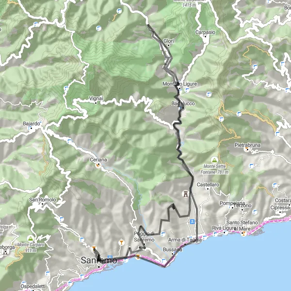 Kartminiatyr av "Tur till Taggia och Rocca Castè" cykelinspiration i Liguria, Italy. Genererad av Tarmacs.app cykelruttplanerare