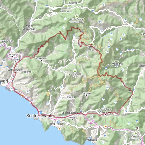 Miniatura della mappa di ispirazione al ciclismo "Esplorazione off-road tra le montagne liguri" nella regione di Liguria, Italy. Generata da Tarmacs.app, pianificatore di rotte ciclistiche