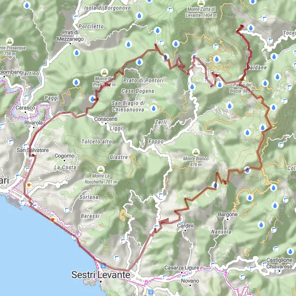 Miniatuurkaart van de fietsinspiratie "Uitdagende gravelroute van 68 km" in Liguria, Italy. Gemaakt door de Tarmacs.app fietsrouteplanner