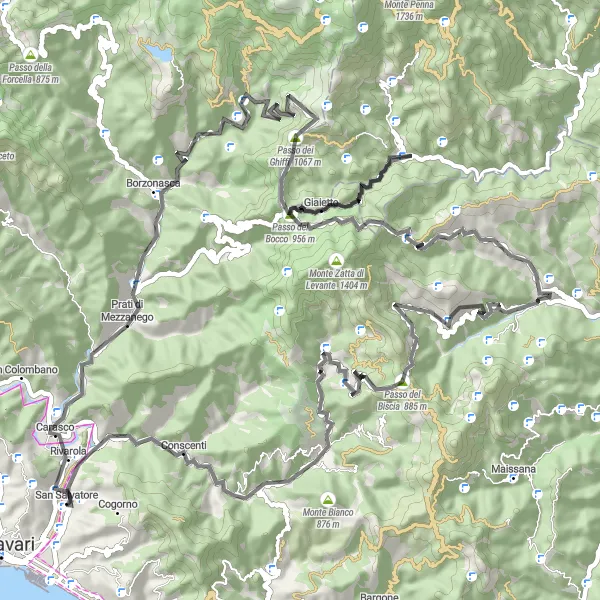 Miniatuurkaart van de fietsinspiratie "Uitdagende roadrit van 92 km in Liguria" in Liguria, Italy. Gemaakt door de Tarmacs.app fietsrouteplanner