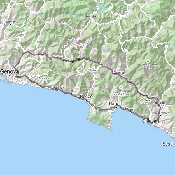 Miniaturní mapa "Cyklistická trasa Rapallo a okolí" inspirace pro cyklisty v oblasti Liguria, Italy. Vytvořeno pomocí plánovače tras Tarmacs.app