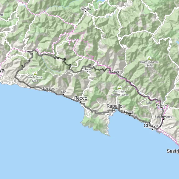 Miniatuurkaart van de fietsinspiratie "Fietsen rond San Salvatore via Road" in Liguria, Italy. Gemaakt door de Tarmacs.app fietsrouteplanner