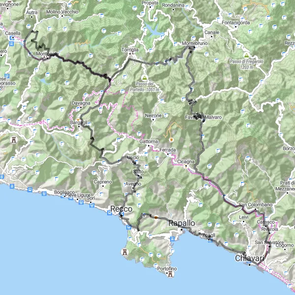 Mapa miniatúra "Cyklistická trasa okolo San Salvatore" cyklistická inšpirácia v Liguria, Italy. Vygenerované cyklistickým plánovačom trás Tarmacs.app