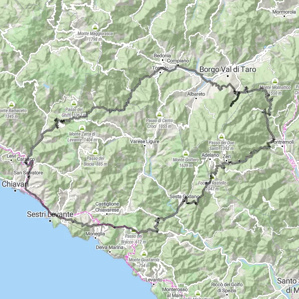 Zemljevid v pomanjšavi "Velika avantura po hribih in dolinah" kolesarske inspiracije v Liguria, Italy. Generirano z načrtovalcem kolesarskih poti Tarmacs.app