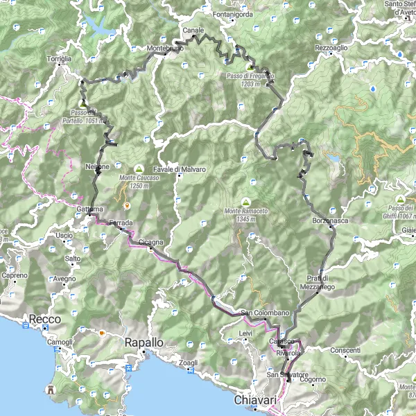 Miniaturní mapa "Zajímavá cyklo trasa kolem San Salvatore" inspirace pro cyklisty v oblasti Liguria, Italy. Vytvořeno pomocí plánovače tras Tarmacs.app