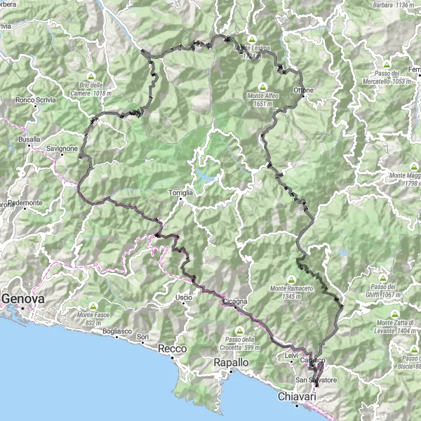 Zemljevid v pomanjšavi "Potep po hribolaznem kolesu v Liguriji" kolesarske inspiracije v Liguria, Italy. Generirano z načrtovalcem kolesarskih poti Tarmacs.app