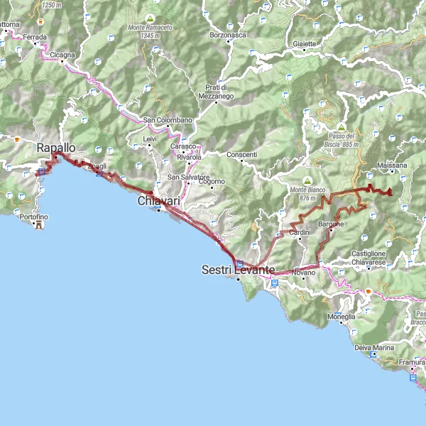 Miniaturní mapa "Gravel Trail to Monte Bocco" inspirace pro cyklisty v oblasti Liguria, Italy. Vytvořeno pomocí plánovače tras Tarmacs.app
