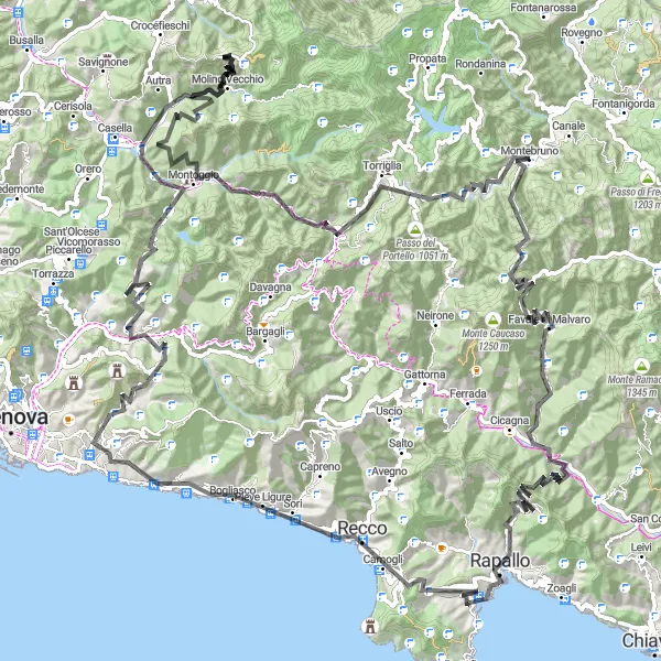 Miniature de la carte de l'inspiration cycliste "Le circuit des montagnes ligures" dans la Liguria, Italy. Générée par le planificateur d'itinéraire cycliste Tarmacs.app