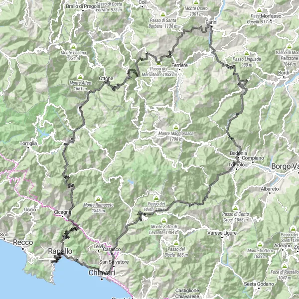 Miniatuurkaart van de fietsinspiratie "Rondje via Passo della Crocetta en Montebruno" in Liguria, Italy. Gemaakt door de Tarmacs.app fietsrouteplanner