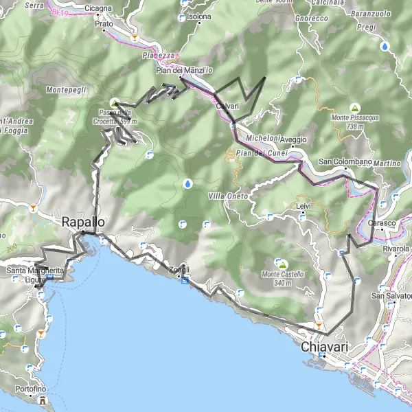 Miniaturní mapa "Scenic Road Trip to Chiavari" inspirace pro cyklisty v oblasti Liguria, Italy. Vytvořeno pomocí plánovače tras Tarmacs.app