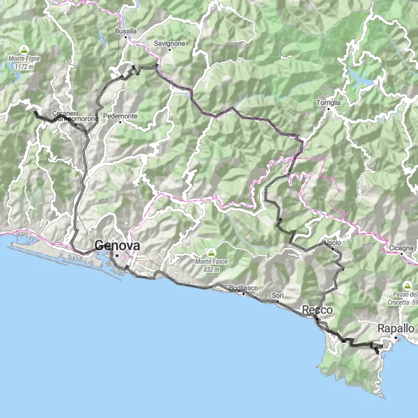 Miniatua del mapa de inspiración ciclista "Desafío montañoso de Genoa" en Liguria, Italy. Generado por Tarmacs.app planificador de rutas ciclistas