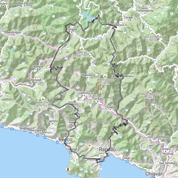Miniatuurkaart van de fietsinspiratie "Monte di Ruta en Passo della Crocetta Route" in Liguria, Italy. Gemaakt door de Tarmacs.app fietsrouteplanner