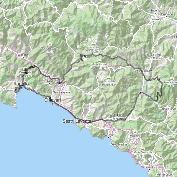 Miniatua del mapa de inspiración ciclista "Ruta desafiante a través de Liguria" en Liguria, Italy. Generado por Tarmacs.app planificador de rutas ciclistas