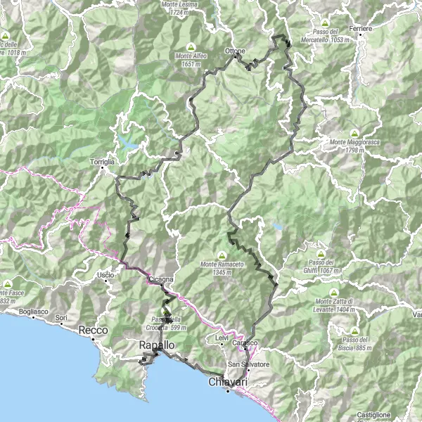 Miniaturní mapa "Z Santa Margherita Ligure na Monte Veri" inspirace pro cyklisty v oblasti Liguria, Italy. Vytvořeno pomocí plánovače tras Tarmacs.app