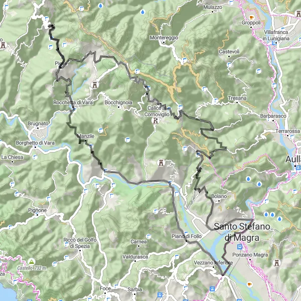 Karttaminiaatyyri "Haastava maastoreitti Ligurian maaseudulla" pyöräilyinspiraatiosta alueella Liguria, Italy. Luotu Tarmacs.app pyöräilyreittisuunnittelijalla