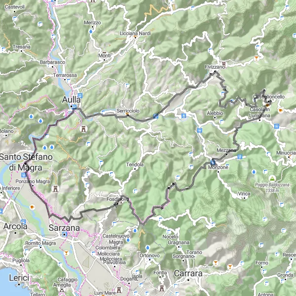 Miniaturní mapa "Cyklistická cesta skrz malebnou krajinu k Col di Paghezzana" inspirace pro cyklisty v oblasti Liguria, Italy. Vytvořeno pomocí plánovače tras Tarmacs.app
