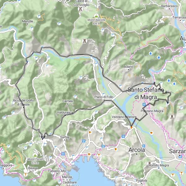 Miniatua del mapa de inspiración ciclista "Ruta escénica desde Ponzano Magra a Caprigliola" en Liguria, Italy. Generado por Tarmacs.app planificador de rutas ciclistas
