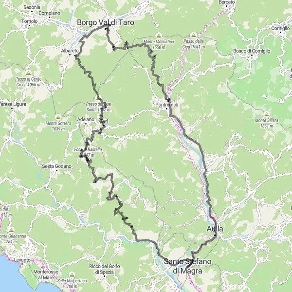 Map miniature of "Santo Stefano di Magra Grand Tour" cycling inspiration in Liguria, Italy. Generated by Tarmacs.app cycling route planner
