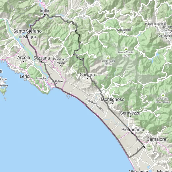 Kartminiatyr av "Den utfordrende kyststien" sykkelinspirasjon i Liguria, Italy. Generert av Tarmacs.app sykkelrutoplanlegger