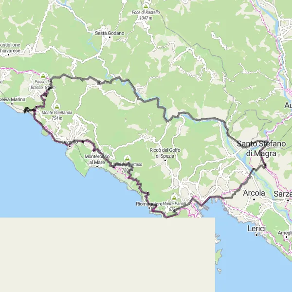 Map miniature of "Coastal Beauty and Mountain Majesty" cycling inspiration in Liguria, Italy. Generated by Tarmacs.app cycling route planner