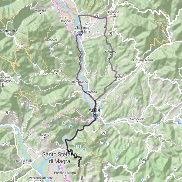 Miniature de la carte de l'inspiration cycliste "Parcours à travers Lunigiana" dans la Liguria, Italy. Générée par le planificateur d'itinéraire cycliste Tarmacs.app