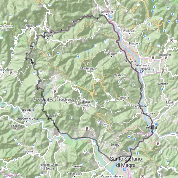 Miniatua del mapa de inspiración ciclista "Aventura en bicicleta desde Santo Stefano di Magra a Caprigliola" en Liguria, Italy. Generado por Tarmacs.app planificador de rutas ciclistas