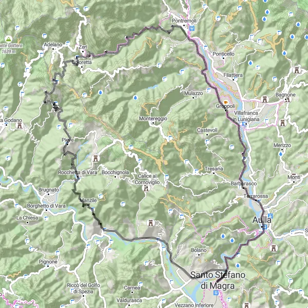 Miniaturní mapa "Adrenalinová výzva kolem Santo Stefano di Magra" inspirace pro cyklisty v oblasti Liguria, Italy. Vytvořeno pomocí plánovače tras Tarmacs.app