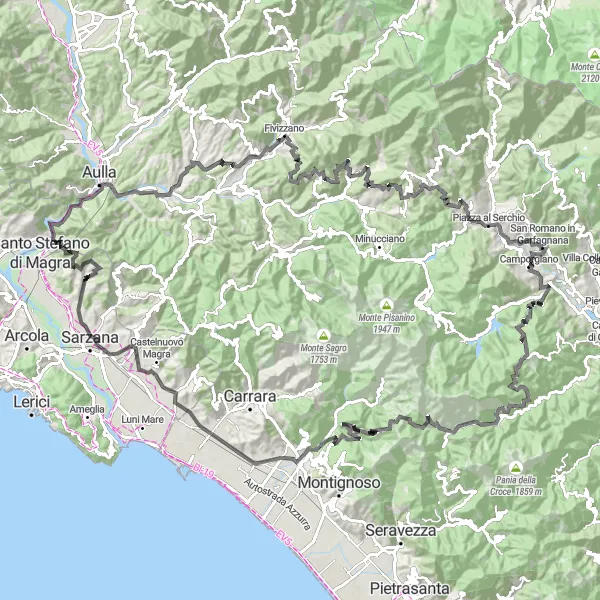 Miniaturní mapa "Náročný okruh kolem Santo Stefano di Magra" inspirace pro cyklisty v oblasti Liguria, Italy. Vytvořeno pomocí plánovače tras Tarmacs.app