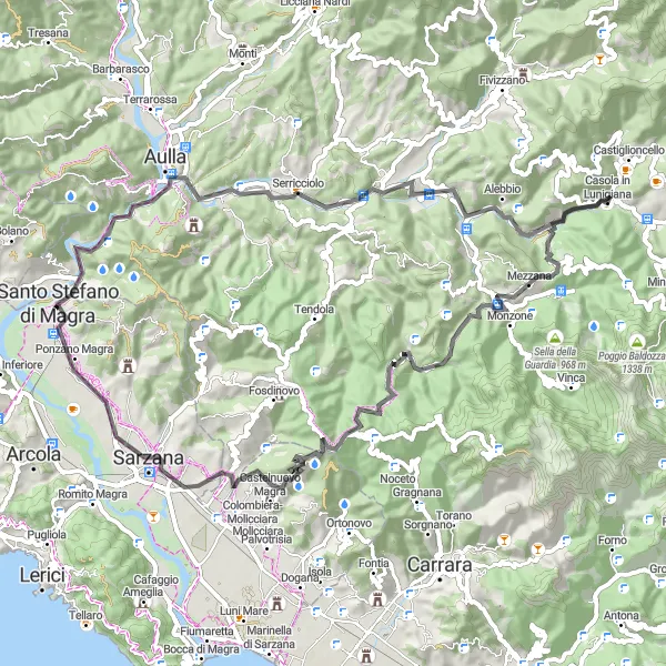 Map miniature of "Magra River Loop" cycling inspiration in Liguria, Italy. Generated by Tarmacs.app cycling route planner