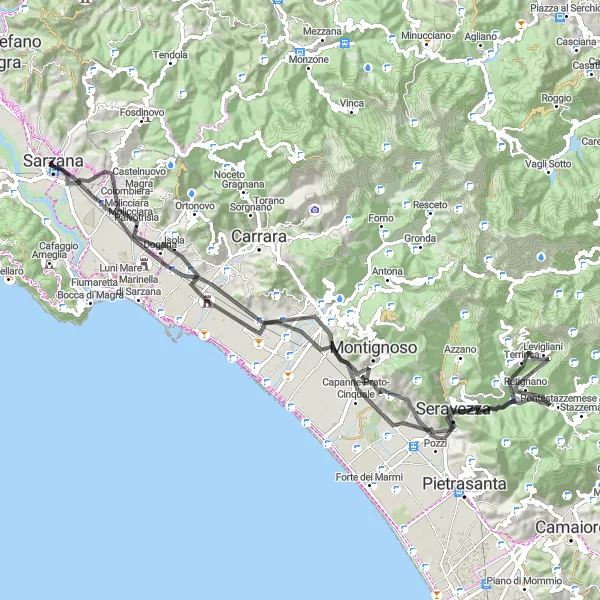 Miniaturní mapa "Cyklistická cesta k Luni, Monte Greco a Sarzana" inspirace pro cyklisty v oblasti Liguria, Italy. Vytvořeno pomocí plánovače tras Tarmacs.app